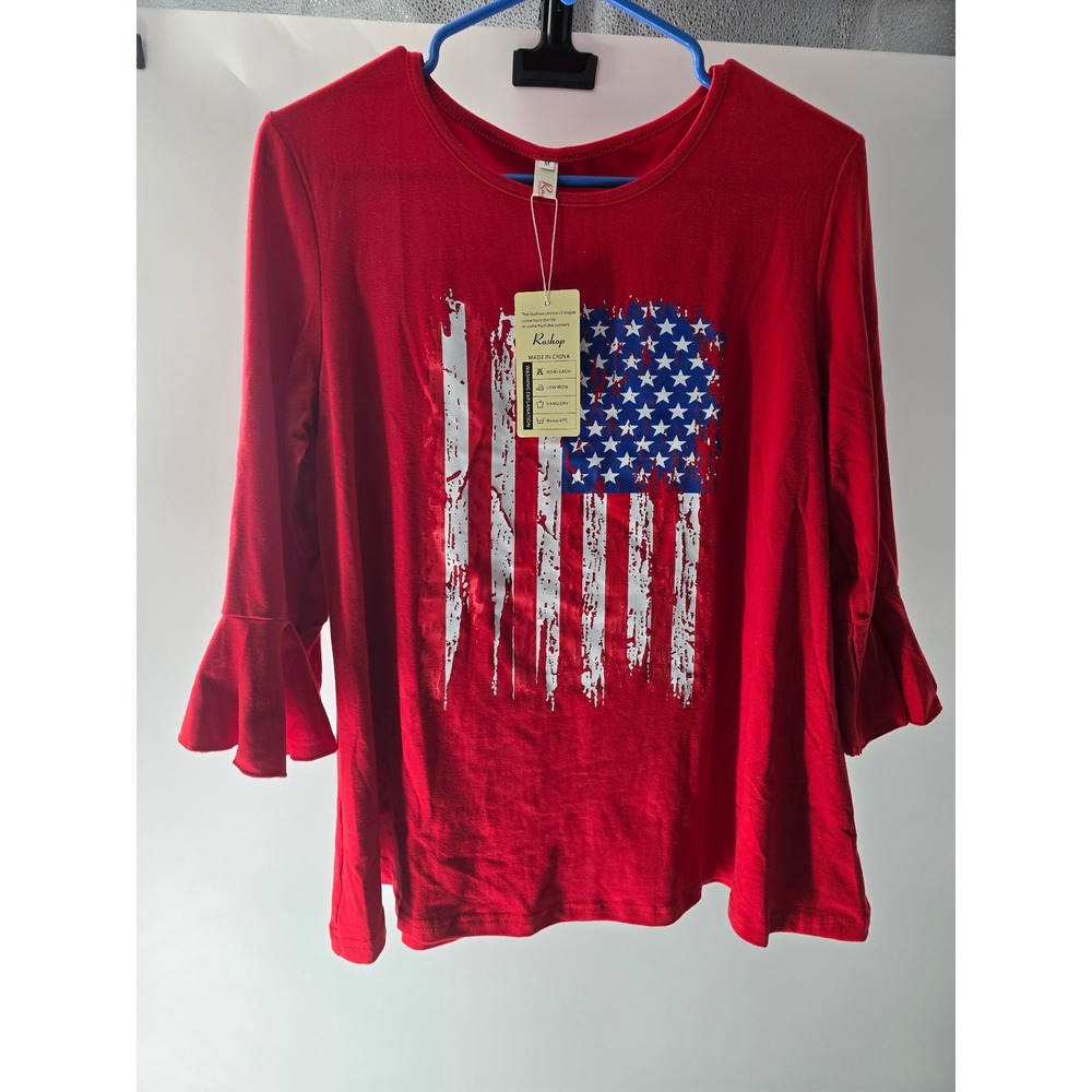Roshop Womens‎ Red American Flag Graphic Top 3/4 Ruffle Sleeve Patriotic Size M